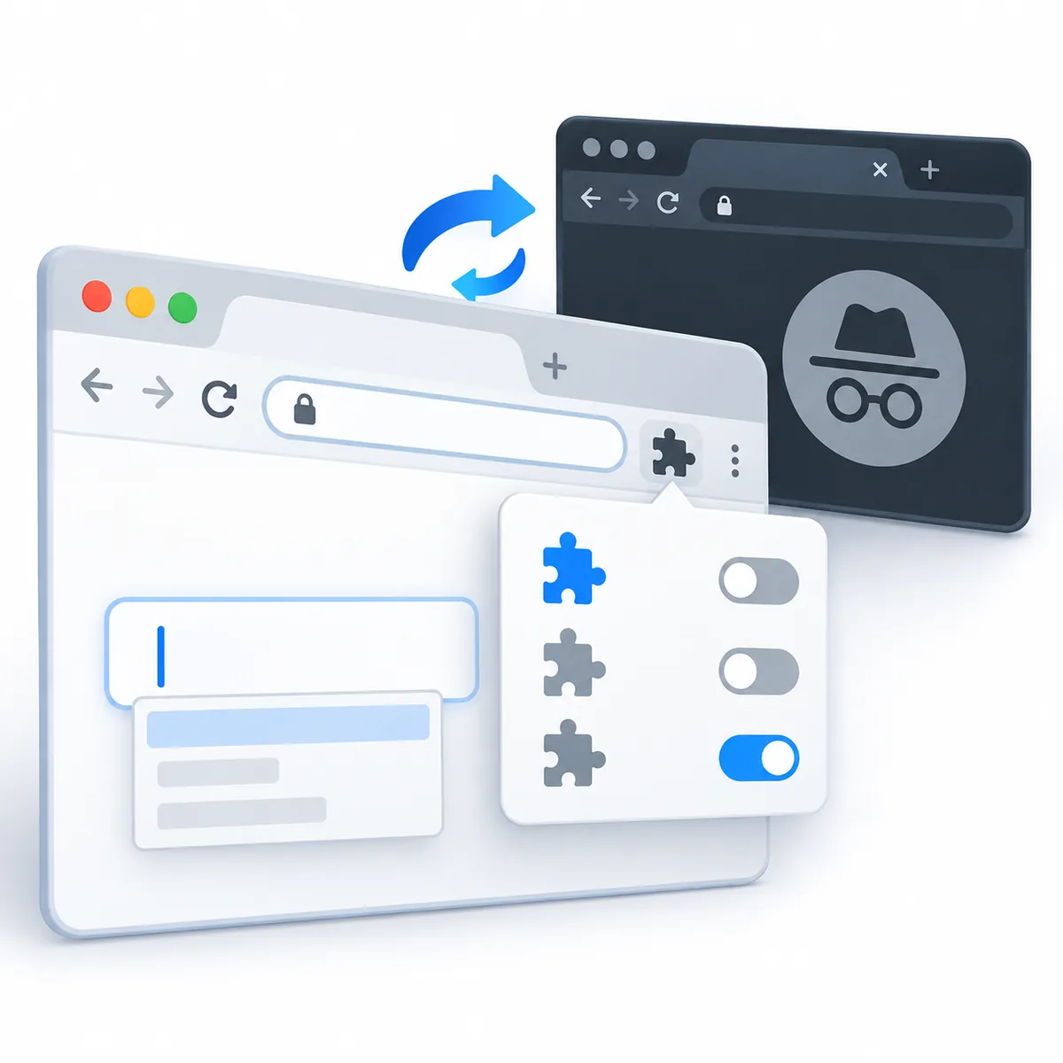 別ブラウザや拡張機能を比べて日本語入力を切り分けるイラスト