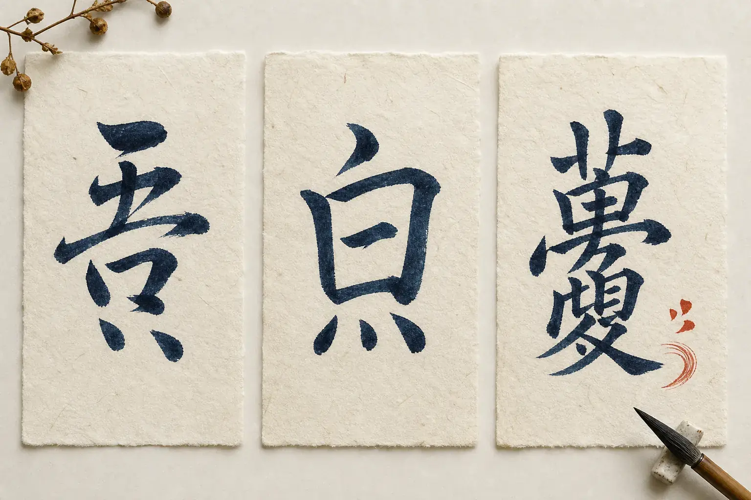 日本語漢字と中国語の簡体字・繁体字を比較する三つの書字カード