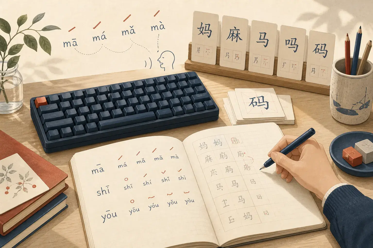 ピンインの声調と漢字候補をキーボードで確認する学習イメージ