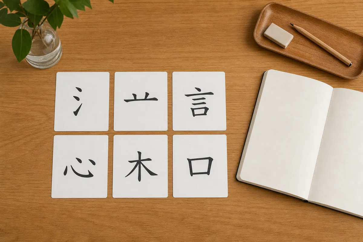 漢字の部首カードと学習ノートを並べた部首一覧のイメージ