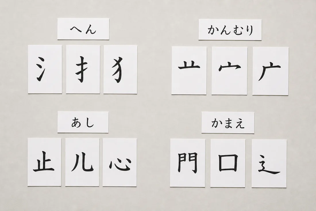 へん、かんむり、あし、かまえの位置に部首カードを並べた説明図