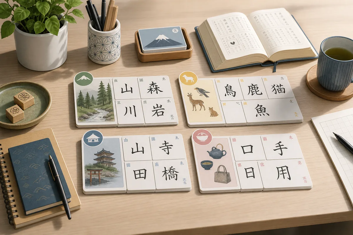 難読漢字のカードと辞書を机に並べて読み方を学ぶイメージ