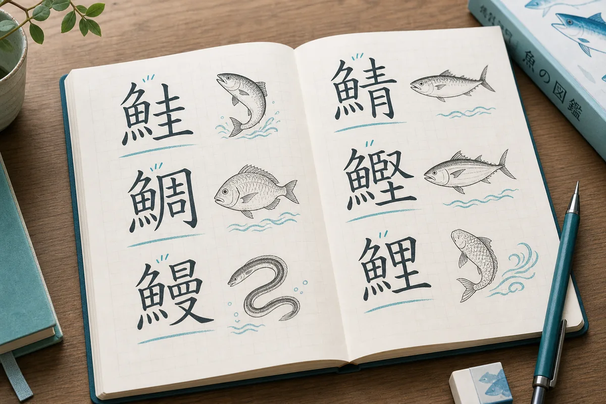 魚へんの漢字と魚のイラストを並べた学習ノート
