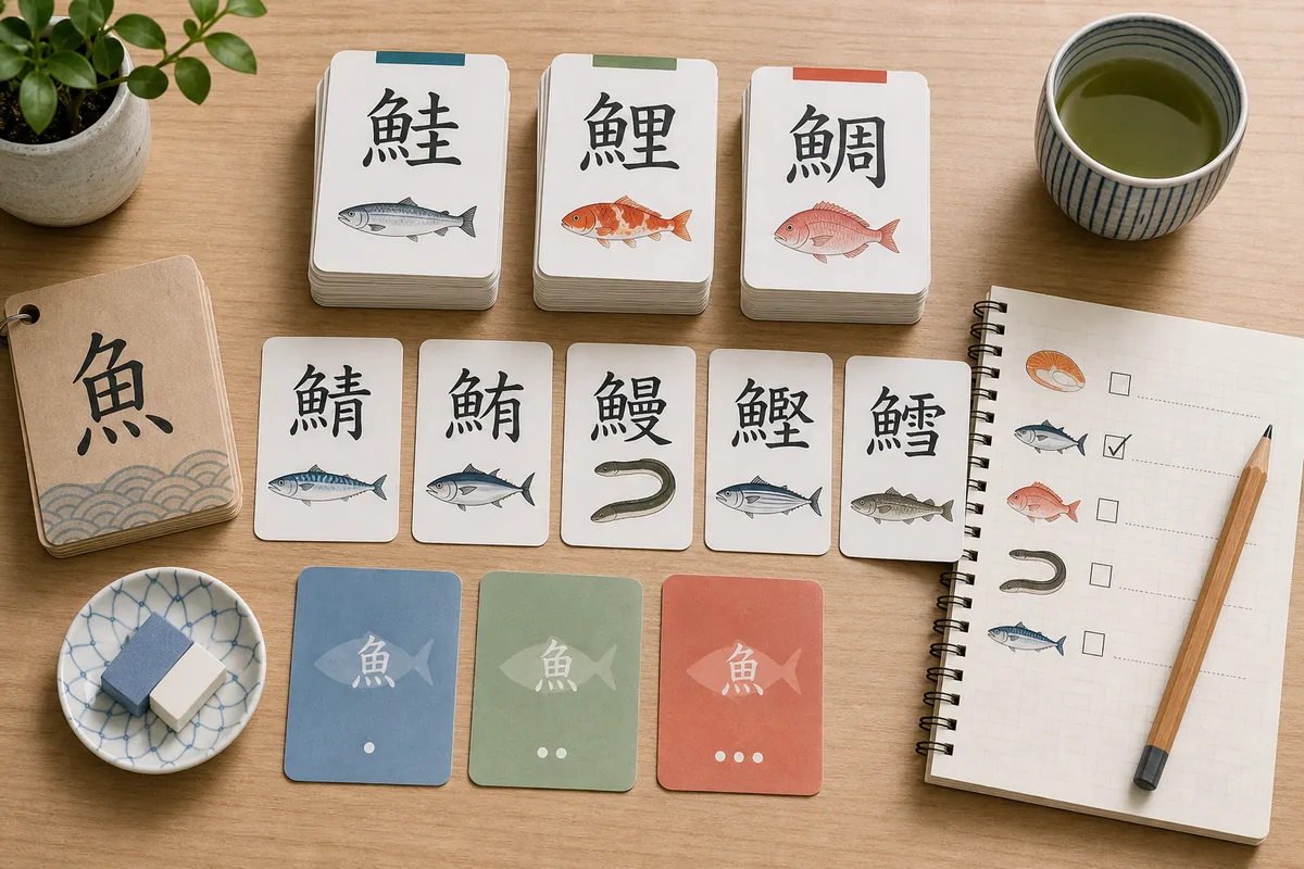 魚へんの漢字をカードで覚える学習風景