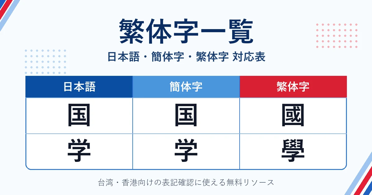 繁体字一覧で日本語・簡体字・繁体字を比較する対応表